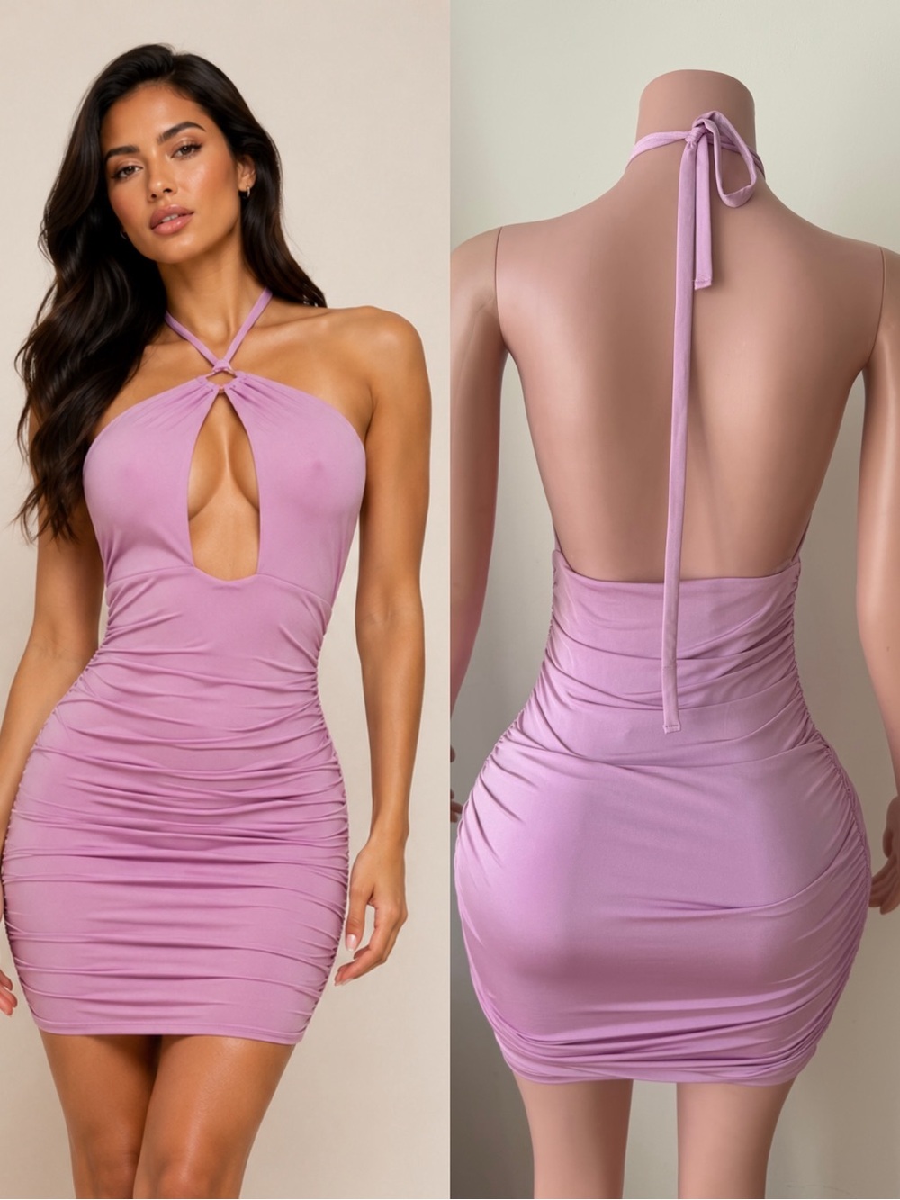 Sleeveless Lilac Halter Ruched Bodycon Dress